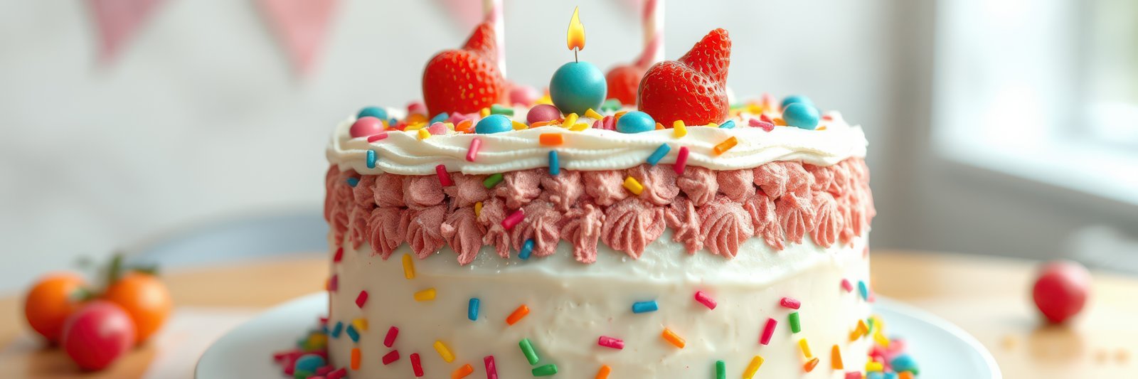Colorful birthday cake adorned with strawberries and sprinkles, celebrating a joyful occasion with vibrant decorations